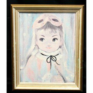 Vtg 60s Framed Print on Cardboard Girl Pastel Pink Blue Blond/Blue eye 17" x 14"